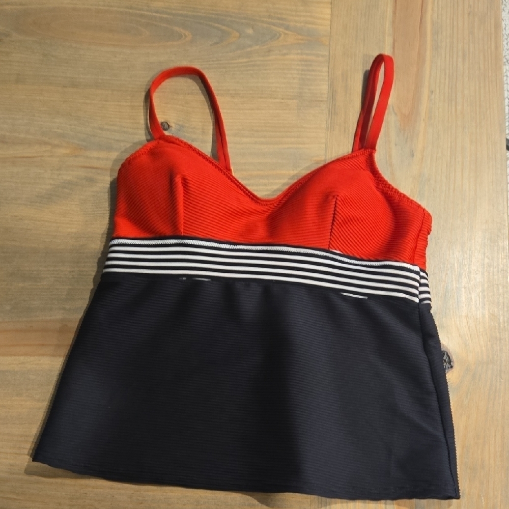 Lands End Rosa Red / Black Striped Regular 10 Sweetheart Tankini SWIM TOP 450339